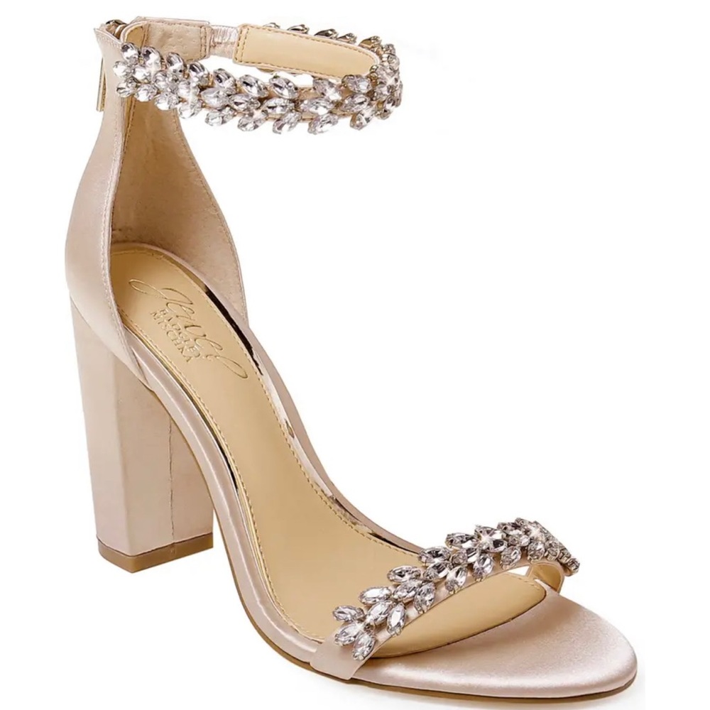 Jewel by Badgley Mischka Mayra Embellished Ankle Strap Block Heel